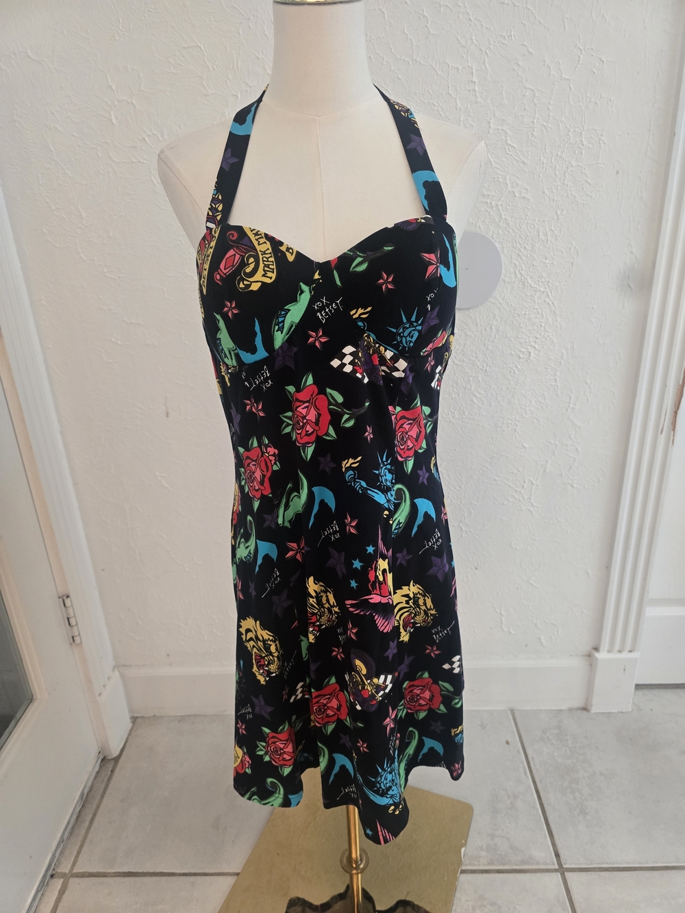 Betsey Johnson Tattoo Print Halter Dress Size L NWT